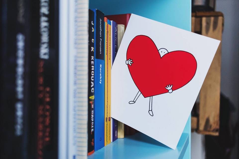 Large valentines card on the bookshelf